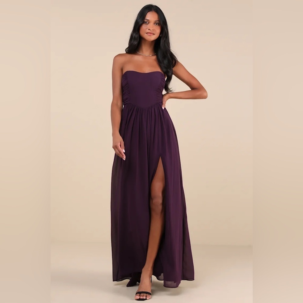 Lulus Luxe Favorite Dark Purple Strapless Ruched Maxi Dress - Picture 1 of 8